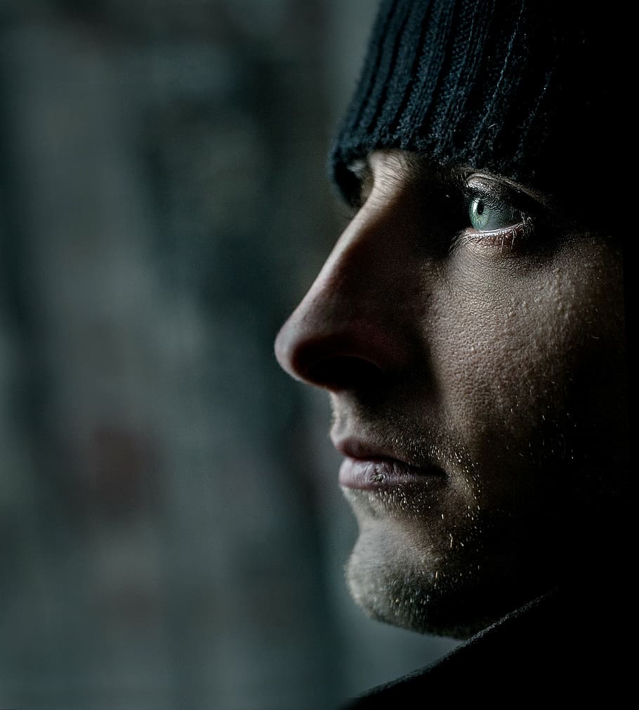 man wearing black knit cap, person, eyes, model, hat, portrait HD wallpaper