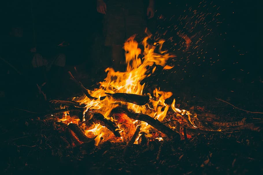 bon fire during night time, bonfire, nighttime, still, camp, flames, HD wallpaper