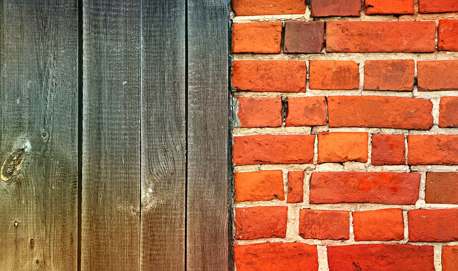 brown bricked wall beside brown wooden panel, brick wall, door HD wallpaper