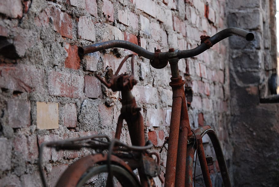 brown bicycle parked beside brick wall, bike, stainless, old