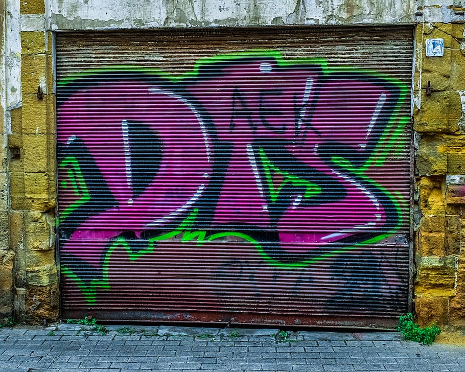 metal shutter, graffiti, spray, street, door, paint, urban, HD wallpaper