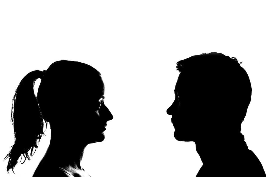 two silhouette of man facing woman, head, face, male, girl, profile, HD wallpaper