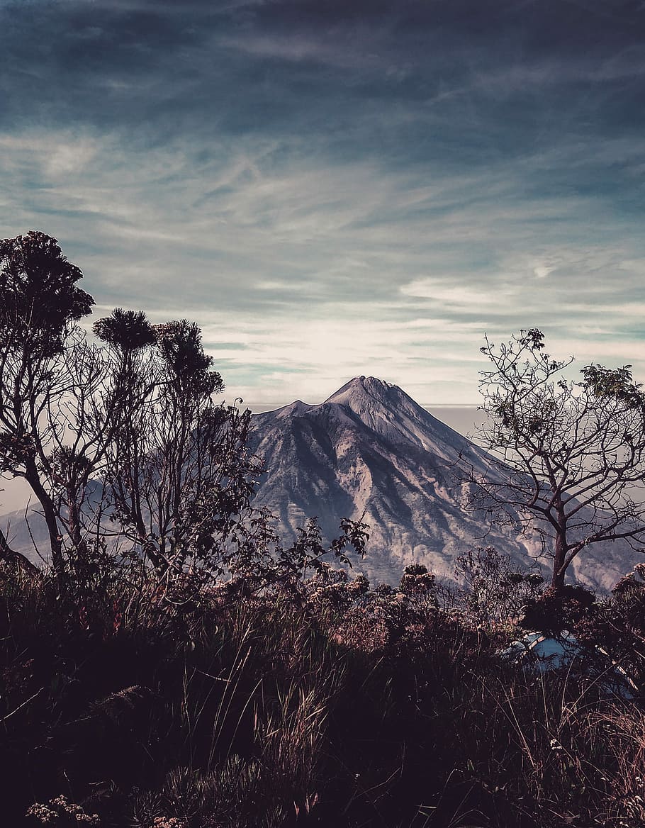 Mount Merapi, gray mountain under gray sky, plant, tree, cloud - sky HD wallpaper