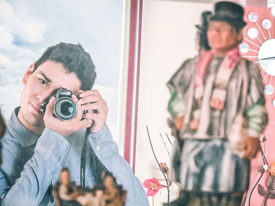 Man in Blue Denim Jacket Using Black Dslr Camera, canon, hobby HD wallpaper