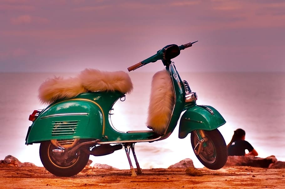 wool seat green motor scooter, beach, setting sun, sunset, colors HD wallpaper
