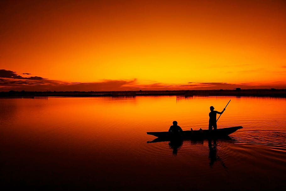 silhouette of two men on canoe during sunset, fishing, boat, fisherman, HD wallpaper