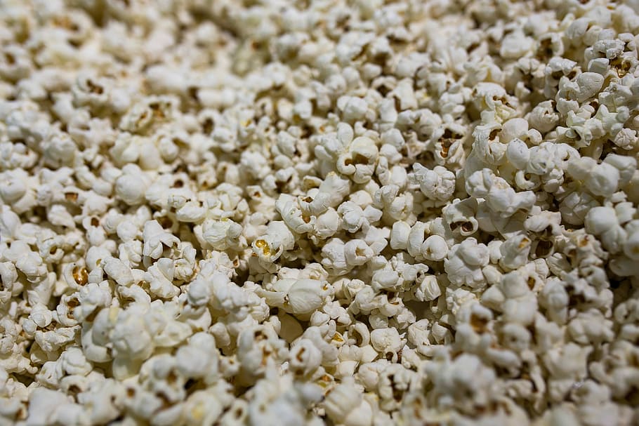 Close-up of popcorn, white, snack, kernel, backgrounds, macro