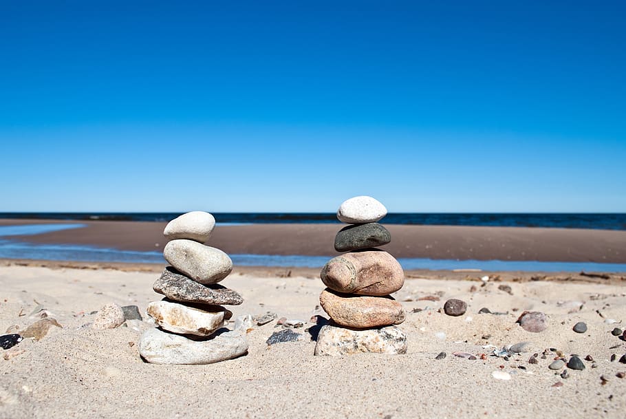 focus photography of two balance rocks, stones, stack, water HD wallpaper