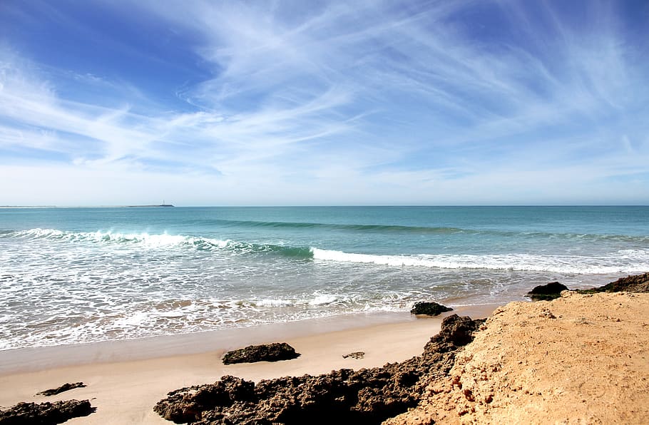 rocks on seashore and sea waves, beach, atlantic, beach morocco, HD wallpaper
