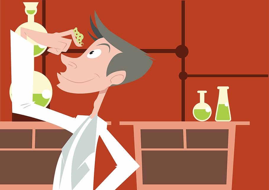 illustration of man wearing white coat with green slime on index finger inside laboratory HD wallpaper