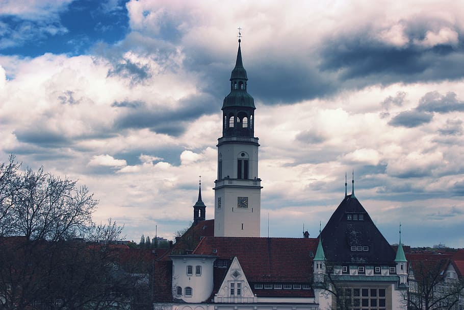 sky, clouds, church, steeple, moody, blue, nature, white, weather HD wallpaper