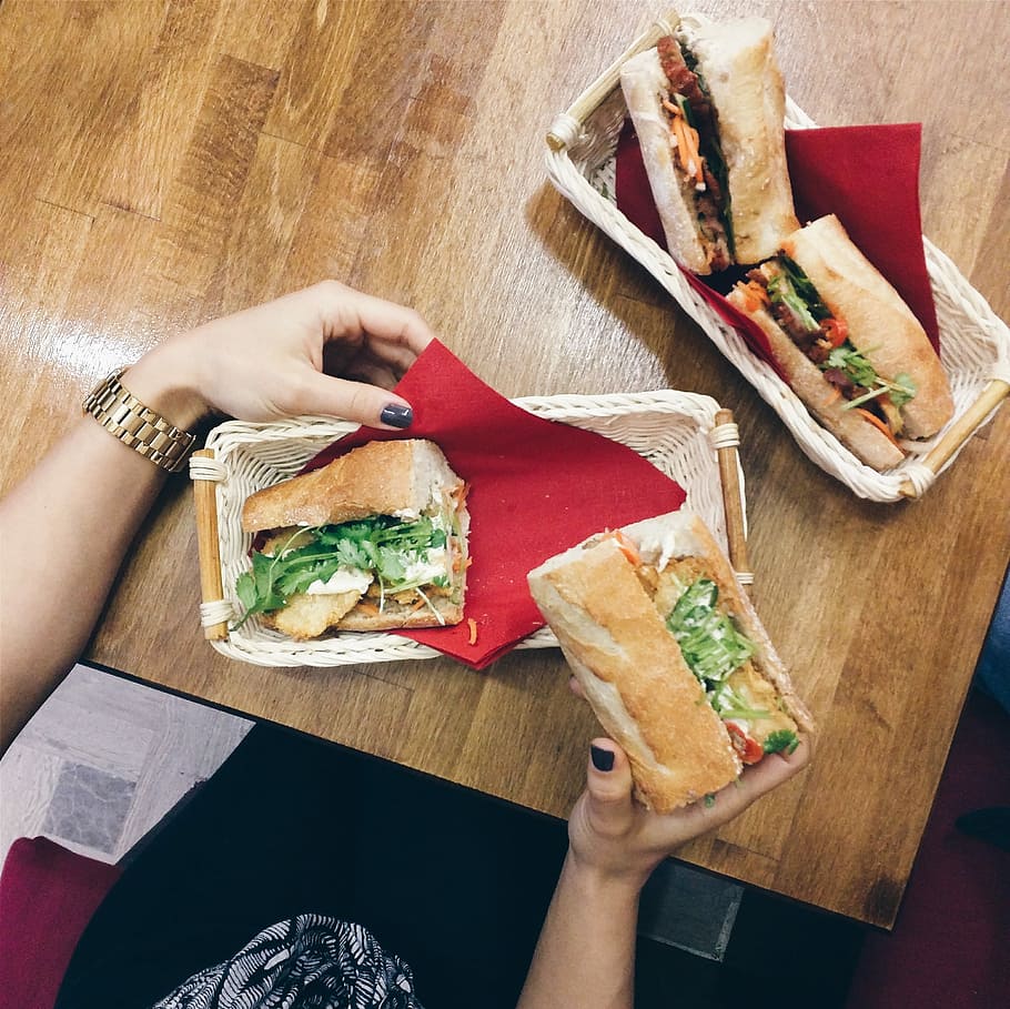 Vietnamese Banh Mi, baguette, eating, sandwich, top view, food, HD wallpaper