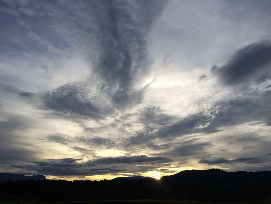 sky, mountains, sun, cloud - sky, scenics - nature, silhouette HD wallpaper