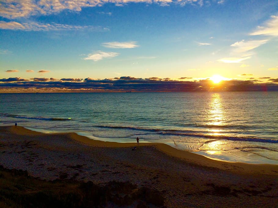 beach, sunset, sky, sunset beach, sand, ocean, beach sunset HD wallpaper