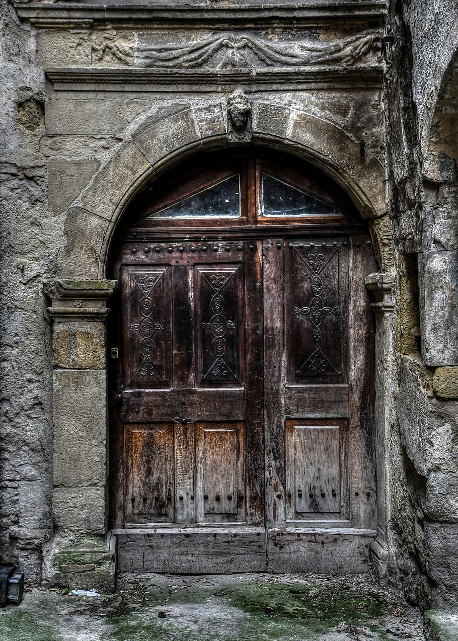 close brown wooden door, dark, former, entry, old, pierre, architecture HD wallpaper