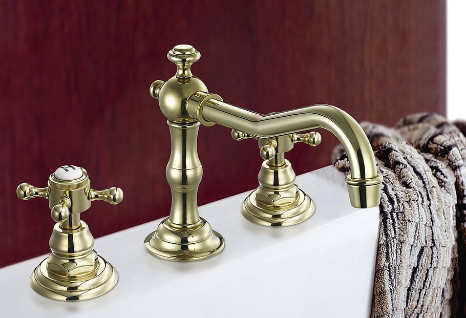 brass, faucet, on top, white, ceramic, surface, bathroom, old-fashioned HD wallpaper