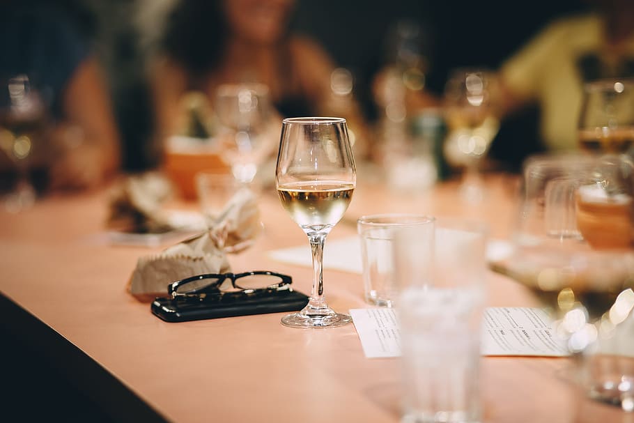 Clear Wine Glass, blur, dining, drinks, eyewear, furniture, gathering HD wallpaper