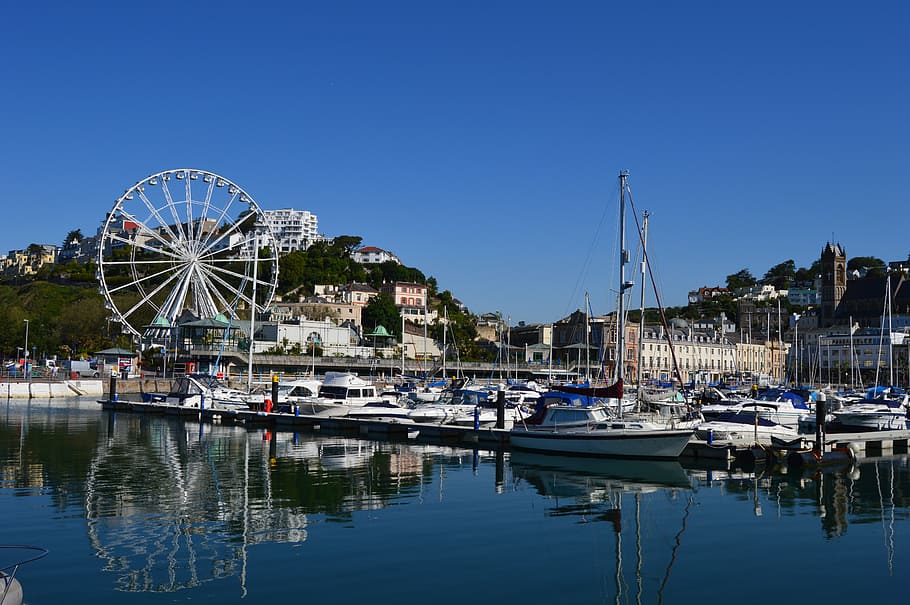 boats on body of water near ferris wheel, torquay, port, harbour HD wallpaper