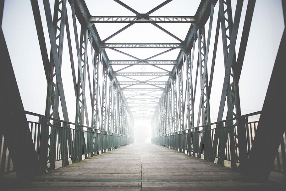 Green Old Steel Bridge in the Fog, foggy, morning, bridge - Man Made Structure