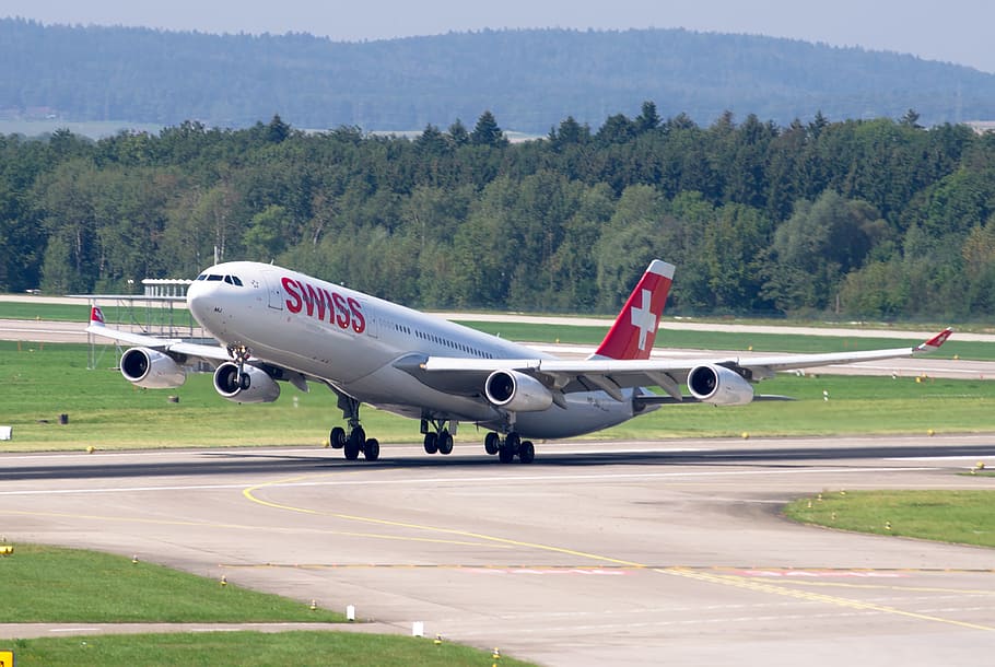 Airbus A340, Swiss Airlines, airport zurich, jet, aviation, transport, HD wallpaper