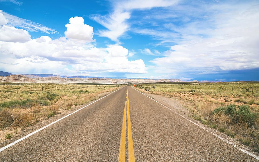 gray asphalt road during daytime, clouds, concrete, field, grass HD wallpaper