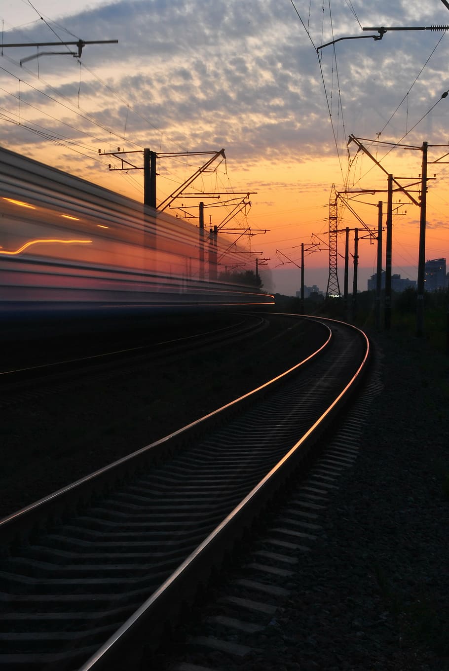 time-lapse photography of train, sunset, road, sky, rail transportation HD wallpaper