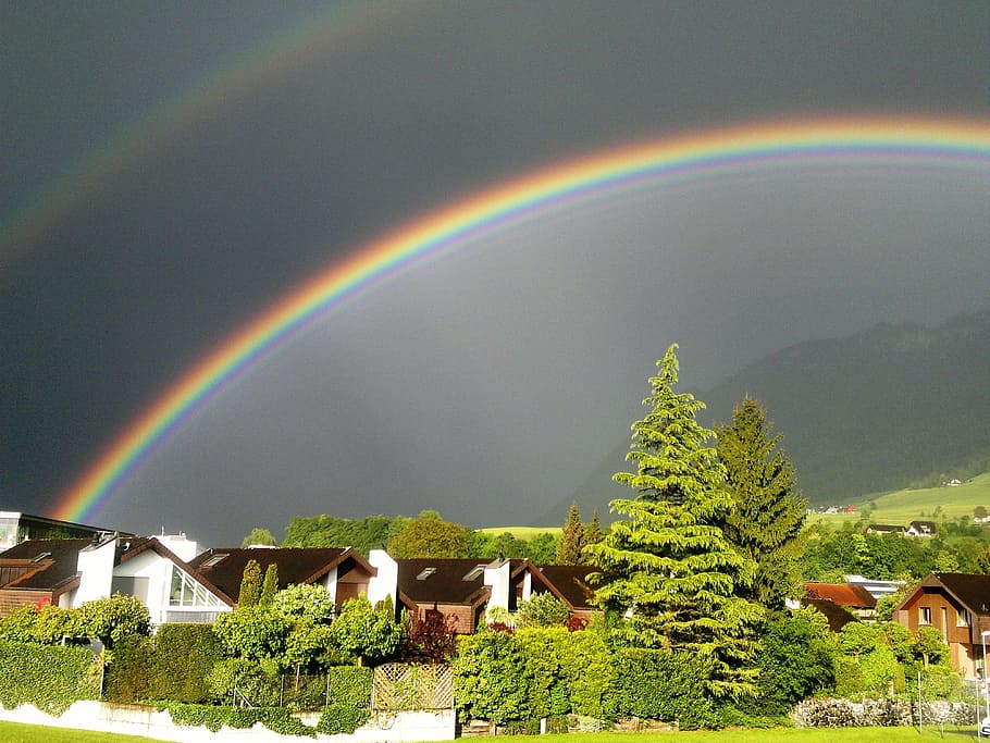 rainbow, double, double rainbow, sky, mood, homes, nature, house HD wallpaper