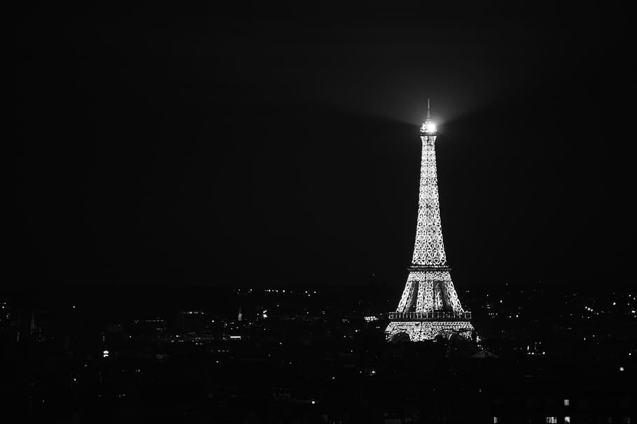 grayscale photography of Eiffel Tower, light, night, lighting HD wallpaper