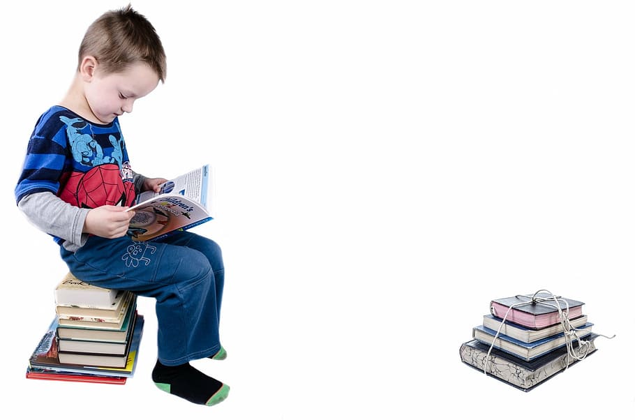 boy in blue long-sleeved shirt reading a book, child, studying