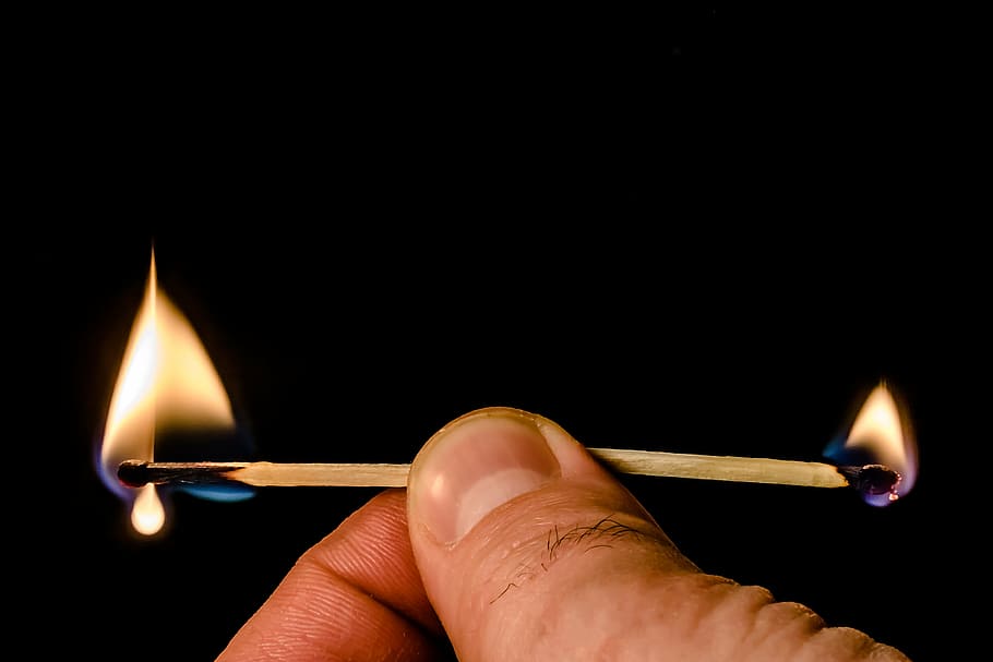 person holding two lighted safety matches sticks, burnout, disease, HD wallpaper