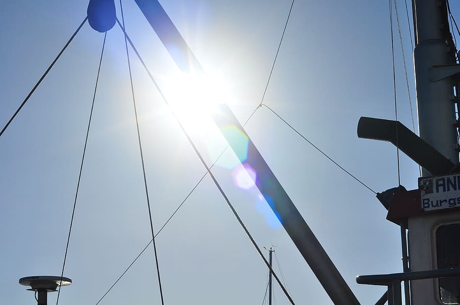 sky, ship, cutter, lake, low angle view, lens flare, sunlight HD wallpaper