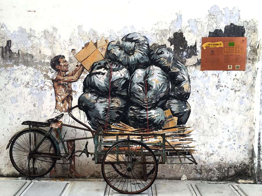 man beside plastic bag lot painting, ipoh, old town, trishaw