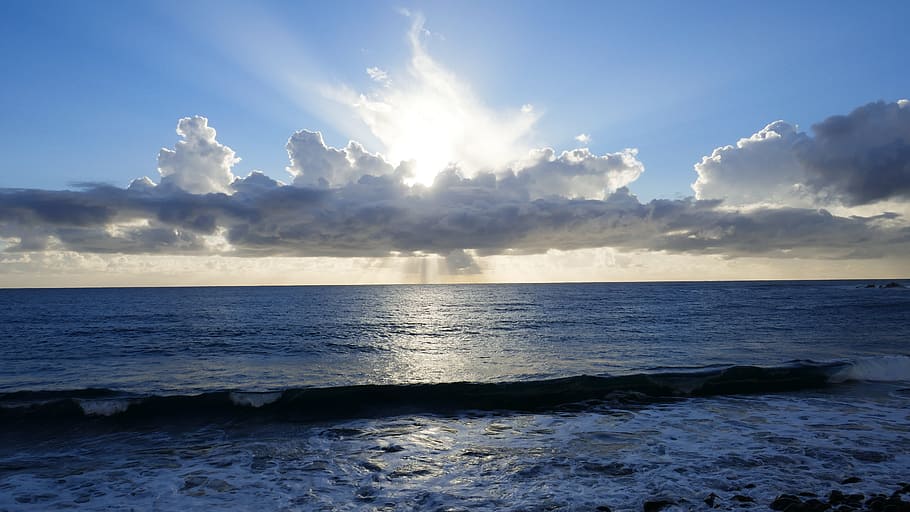 sunset, sea, abendstimmung, sky, water, cloud - sky, horizon over water HD wallpaper