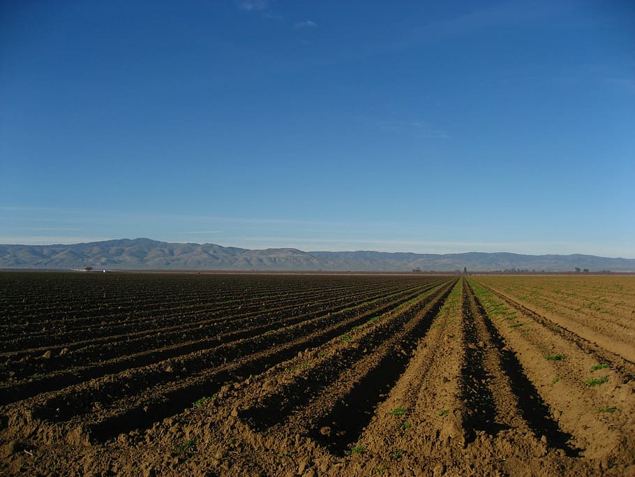 earth, farm, ridge, distant mountain, blue sky, landscape, california HD wallpaper