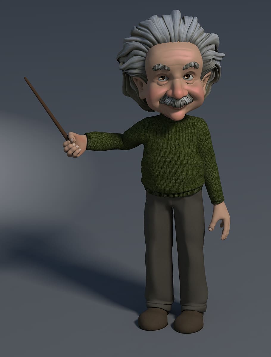 aniamted Albert Einstein, professor, 3d figure, pointing at, showing
