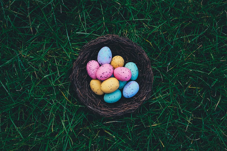 basket, colorful, colourful, easter eggs, grass, woven basket HD wallpaper