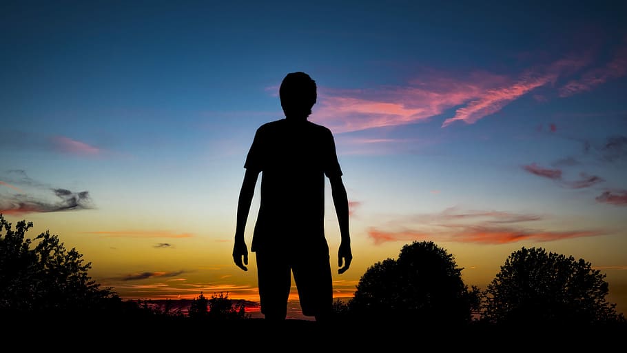 silhouette of man, Person, Human, Sunset, shadow play, back light, HD wallpaper
