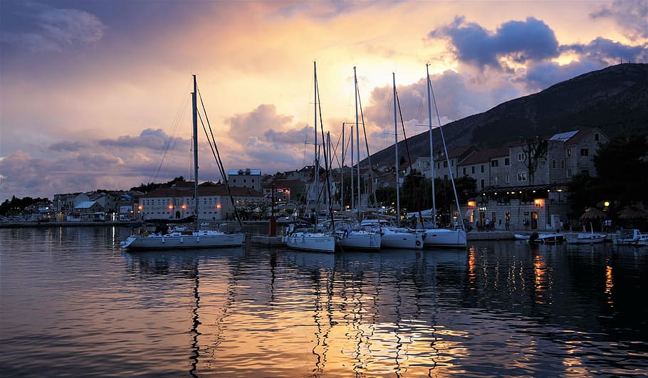 evening, sunset, sailing, boats, harbour, marine, croatia, nautical vessel HD wallpaper