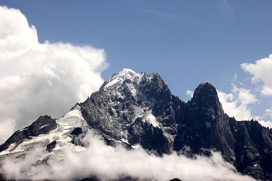 black mountain covered by cloud, mountain with snow, rock, white HD wallpaper