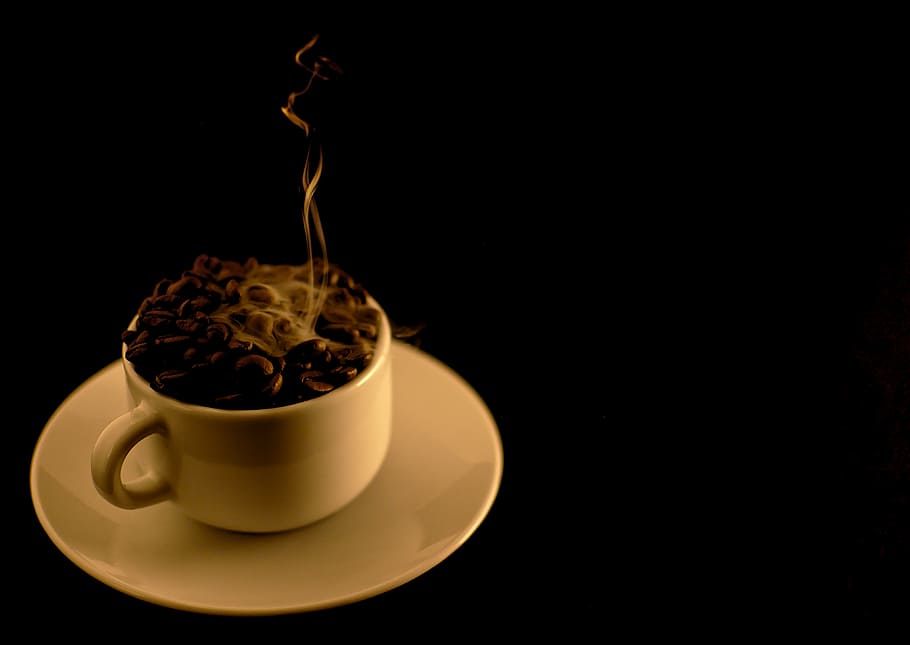 white cup on saucer at dark room, coffee, java, hot, fuming HD wallpaper