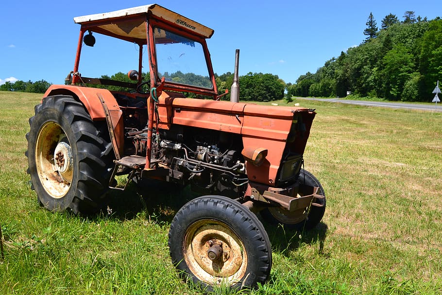 tractor, red tractor, old tractor, fields, summer, land, plant HD wallpaper
