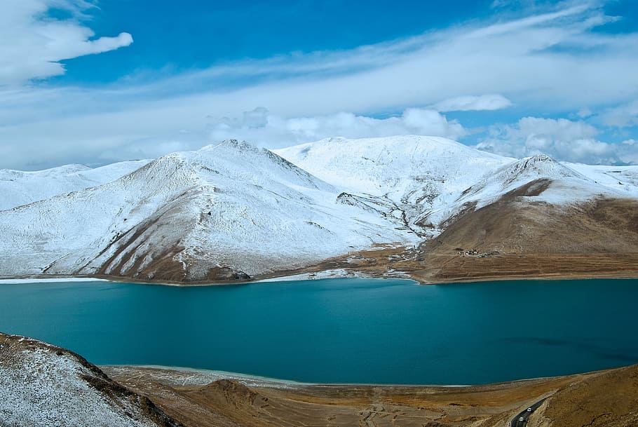 tibet, landscape, blue sky and white clouds, yanghu, mountain, HD wallpaper