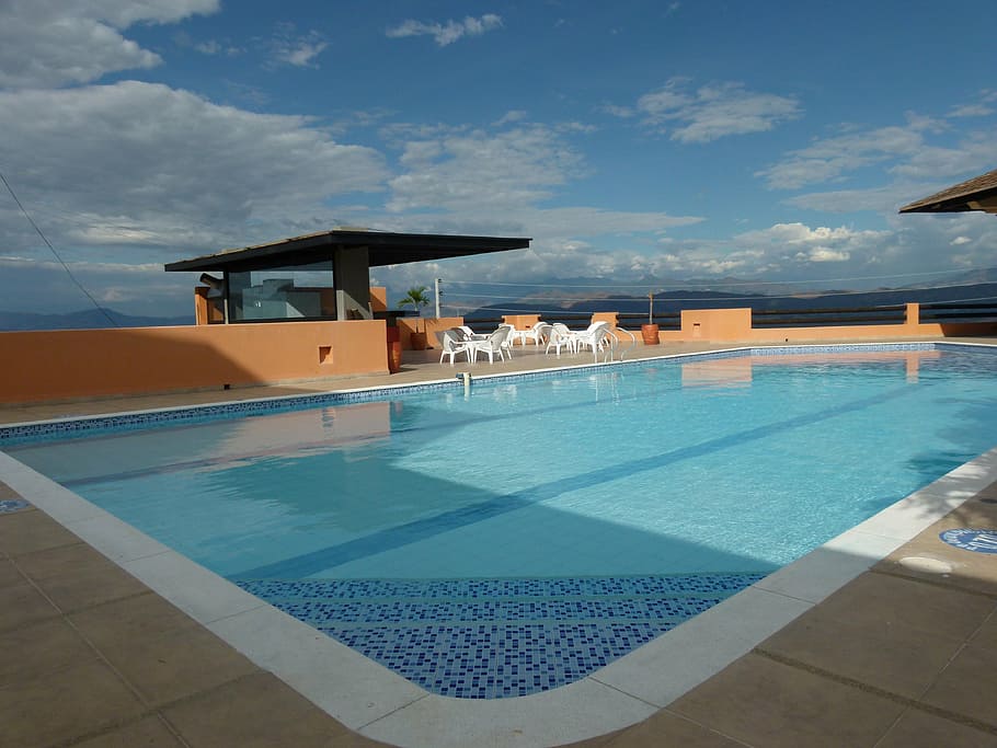 pool, facade, disco, architecture, rustic, swimming pool, water HD wallpaper