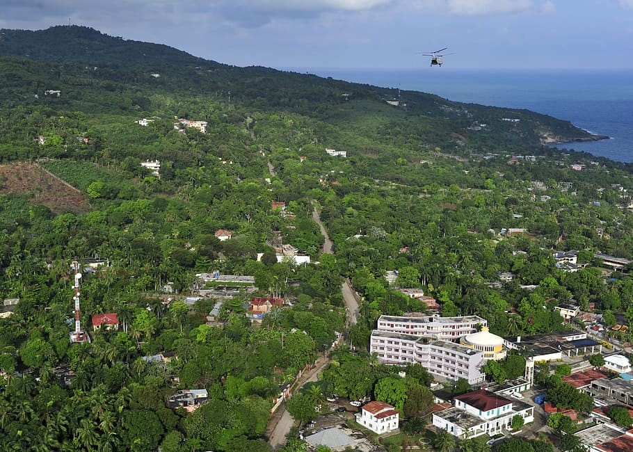 helicopter flew over trees, port-au-prince, haiti, landscape, HD wallpaper
