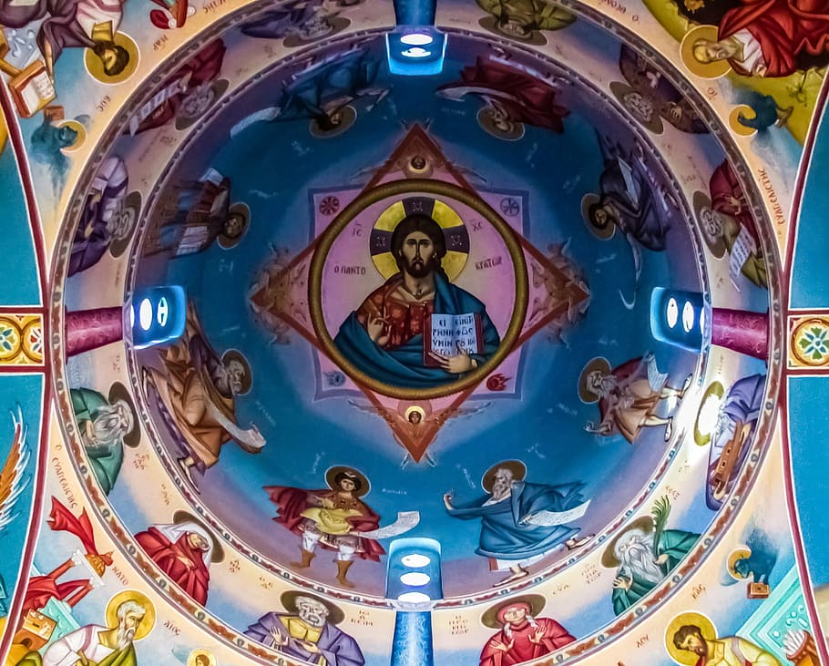 pantocrator, jesus christ, iconography, ceiling, dome, church HD wallpaper
