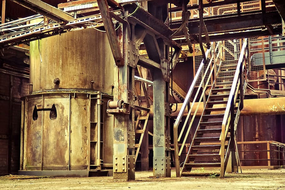 photo of gray steel stair, architecture, steel mill, factory building, HD wallpaper