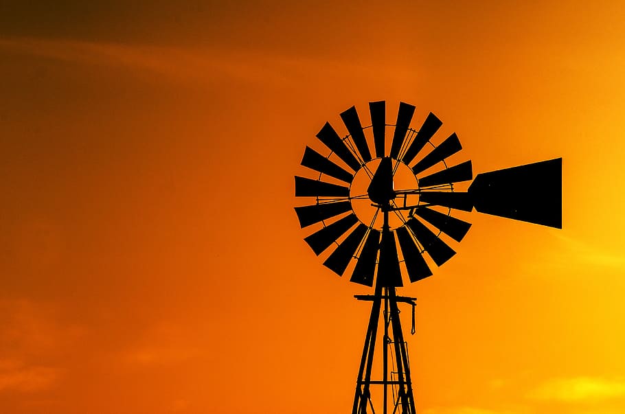 black windmill during dawn, orange sky, silhouette, nature HD wallpaper