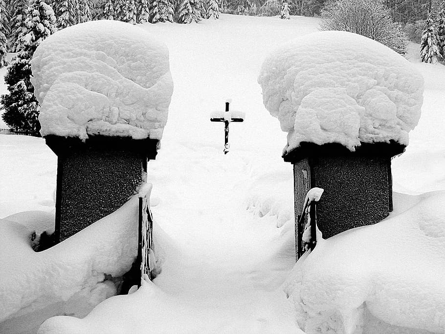 cemetery, winter, cross, input, snow, black and white, gate HD wallpaper