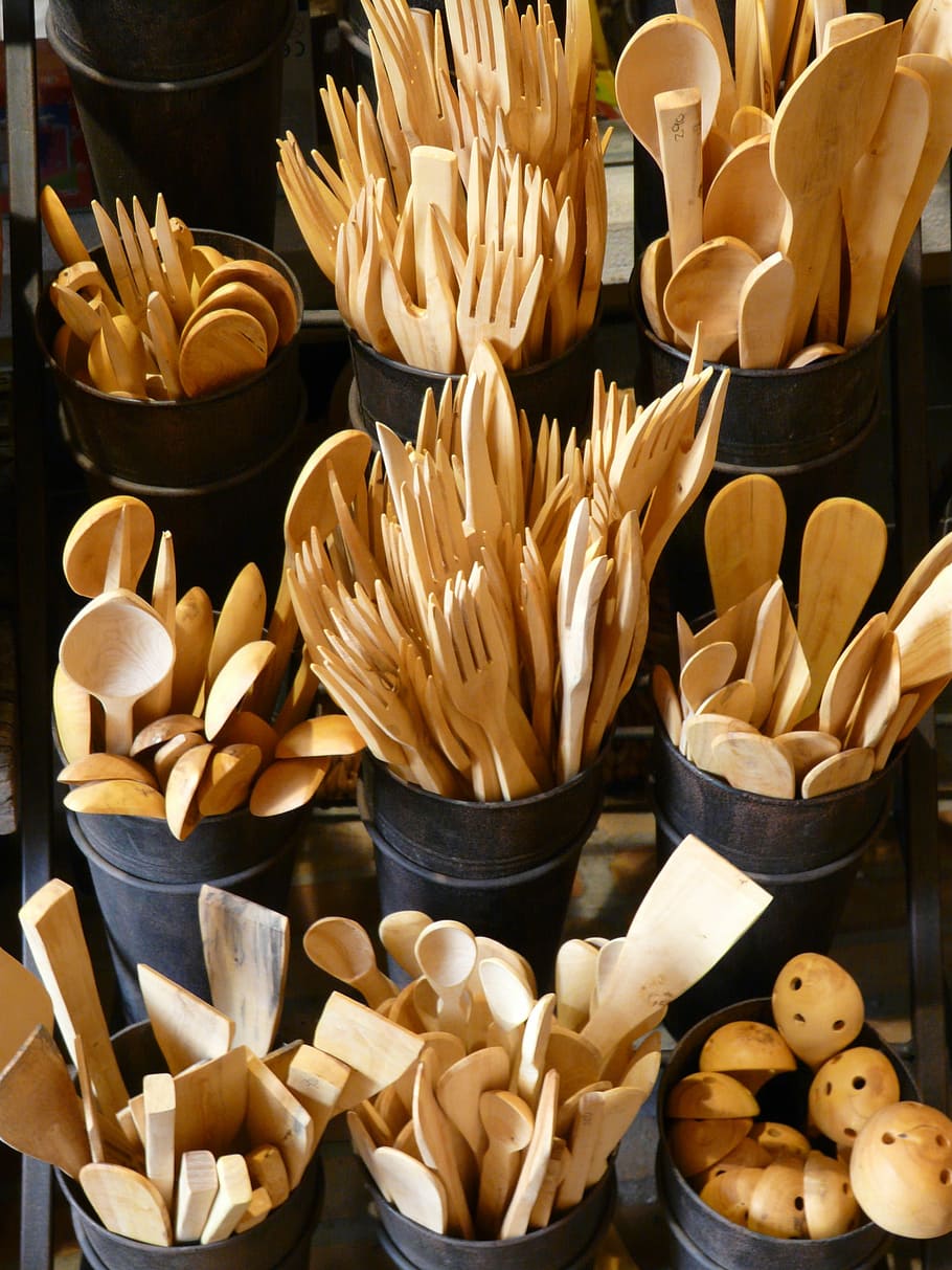 Cutlery, Wood, Knife, wooden cutlery, fork, spoon, kitchen cutlery, HD wallpaper