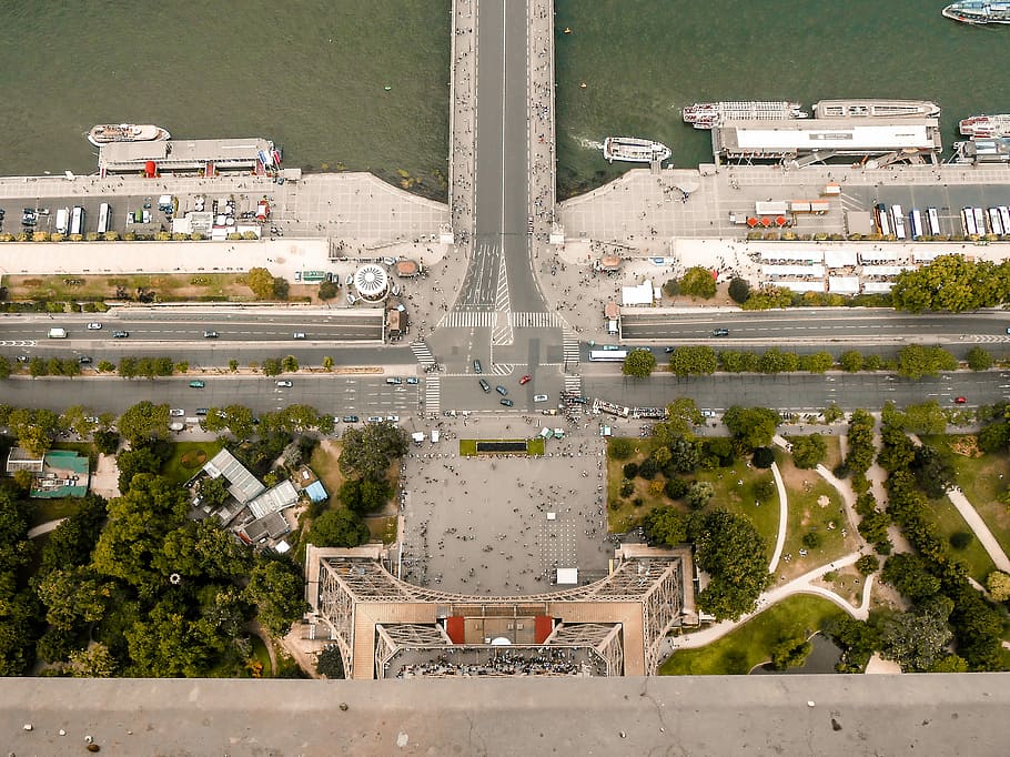 aerial view of cross street at Eiffel Tower, Paris, birds eyeview of a city and a bridge